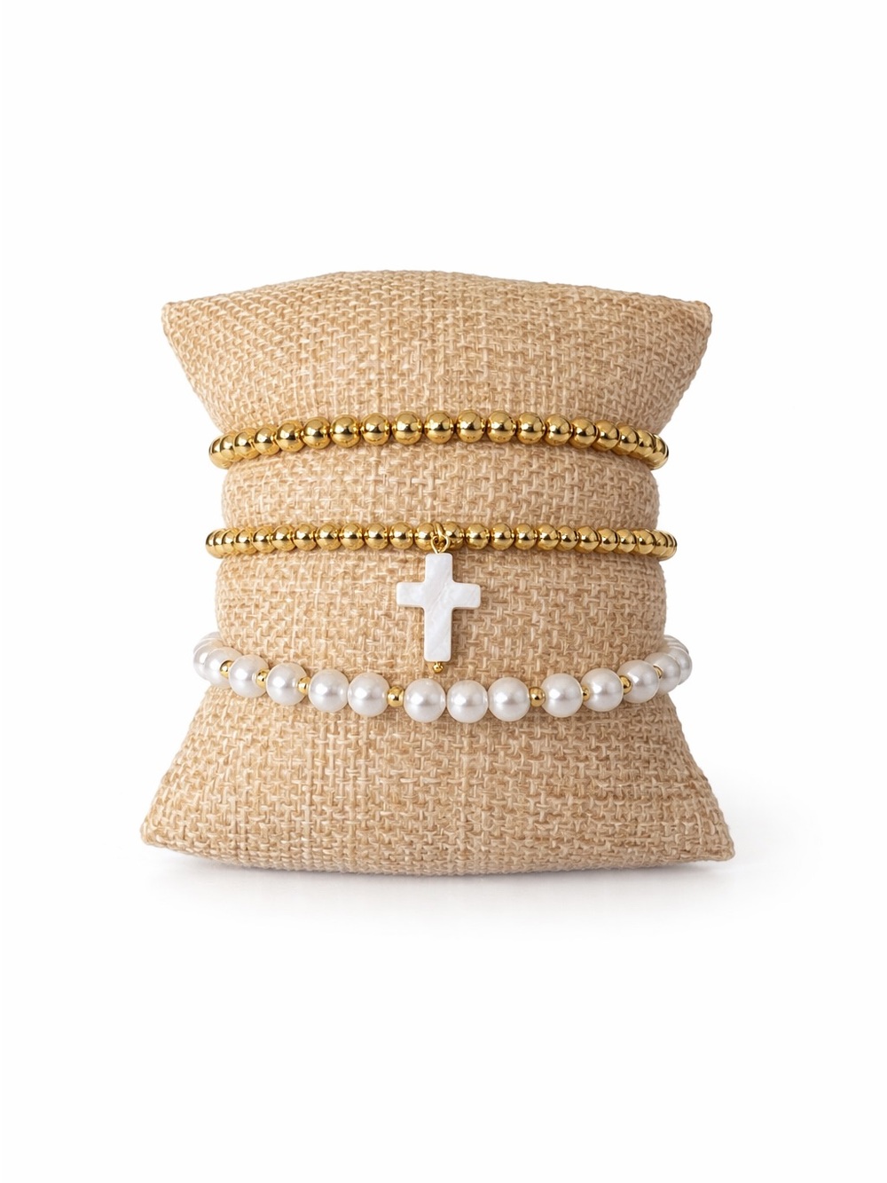 Gold and Pearl Beaded Stretch Bracelet Set  of 3 - Elegant Women’s Jewelry